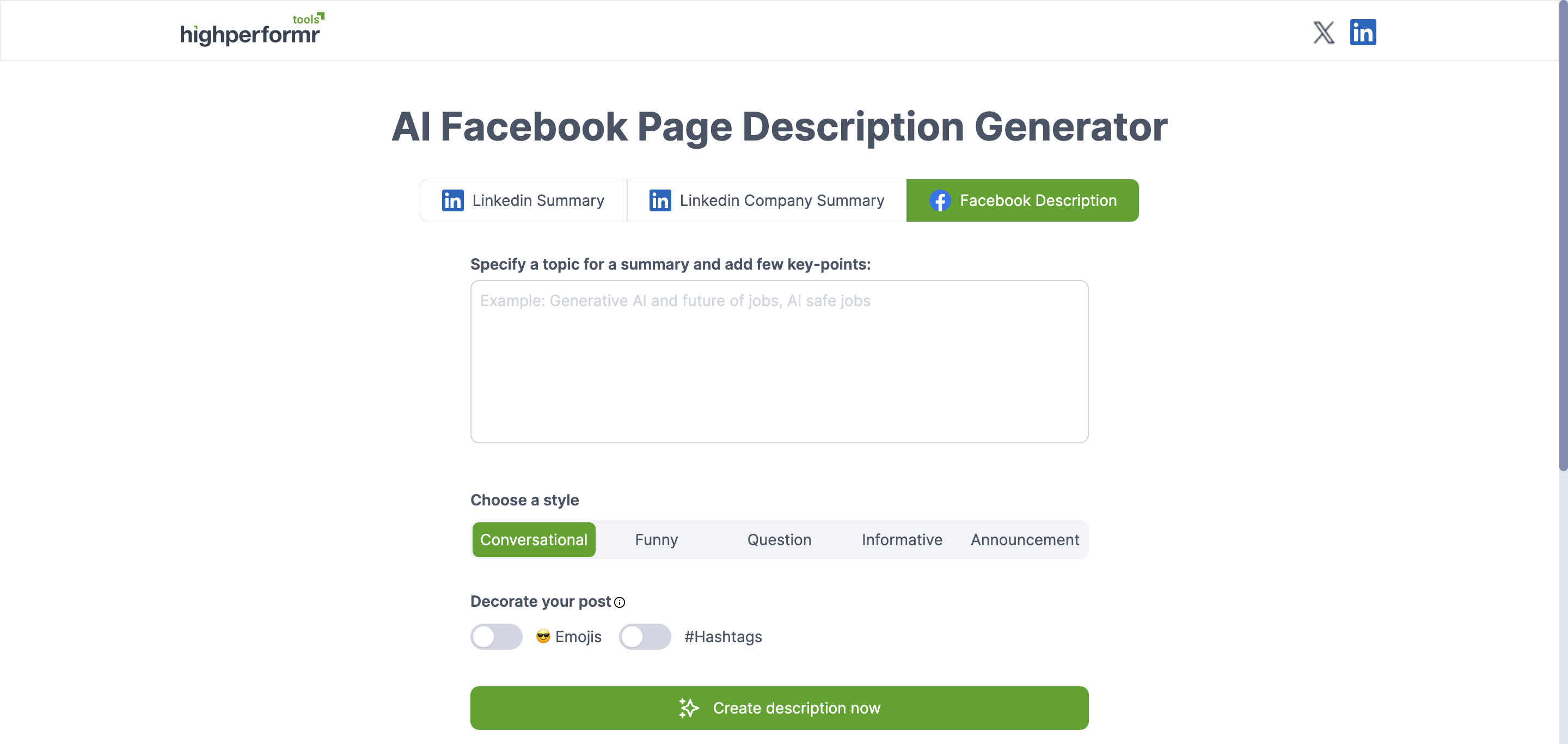 how to put description on facebook page